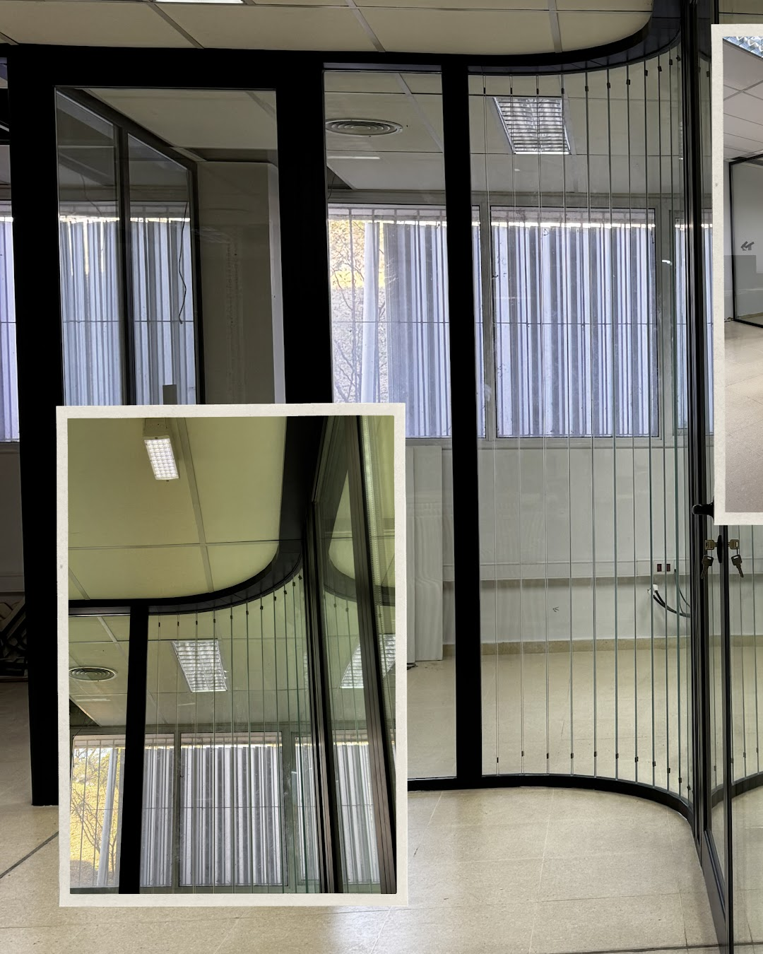 Detalle de división de oficina con tramo curvo, vidrio y perfiles negros