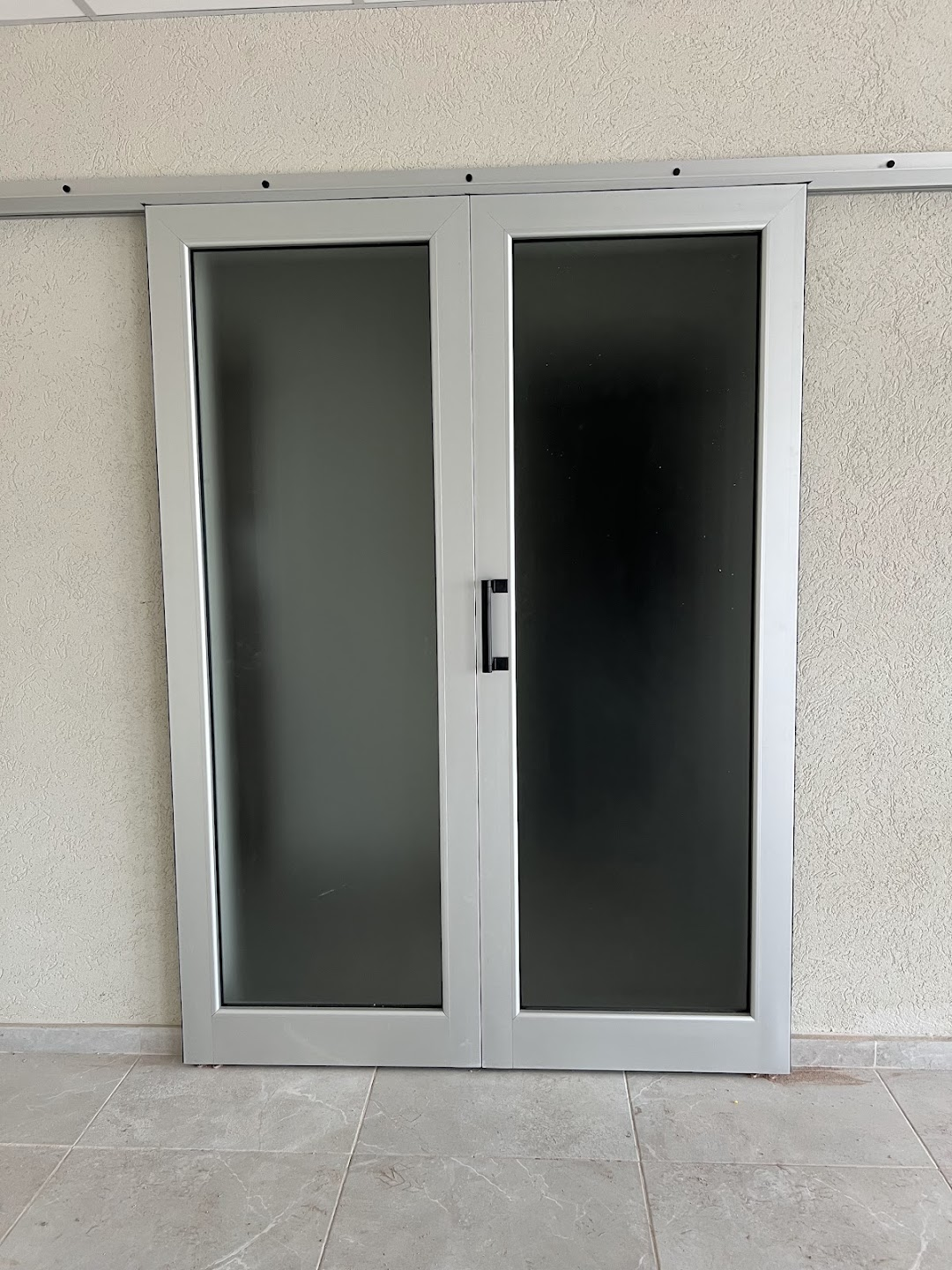 Puerta corrediza de dos hojas con vidrio translúcido color anodizado natural